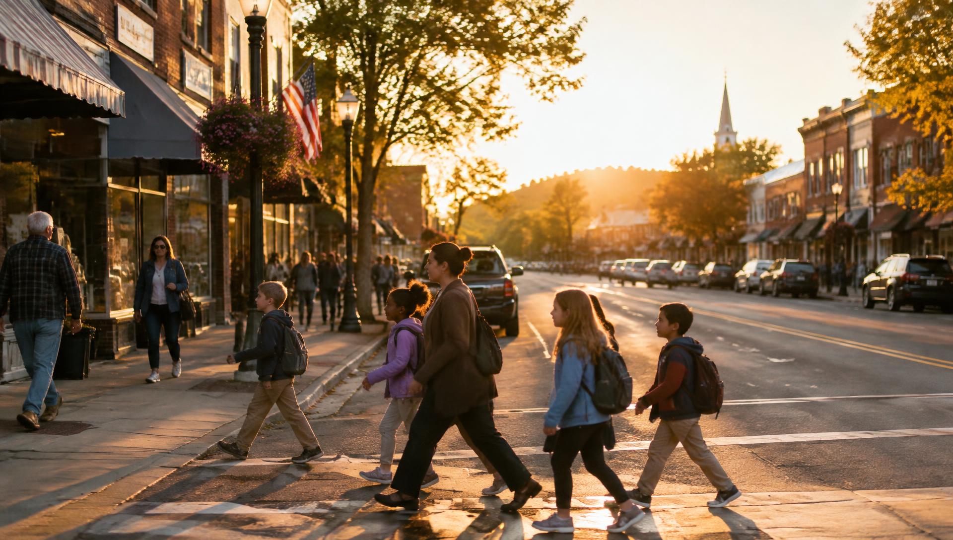 Families and children crossing a small-town main street at sunset