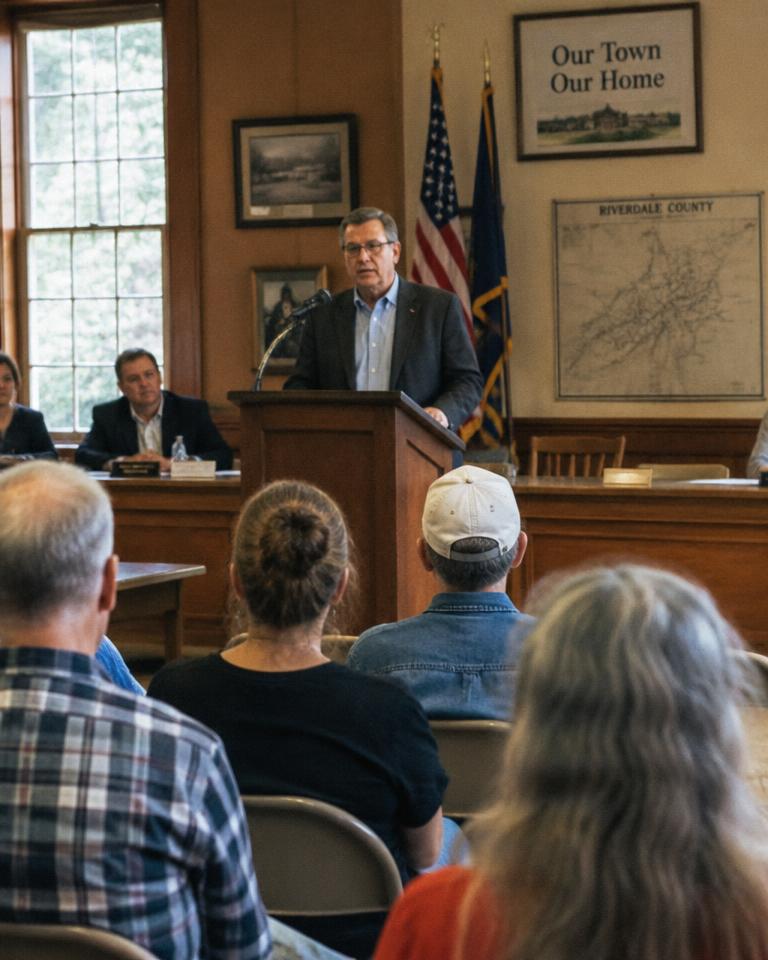 A local official speaking at a town hall meeting