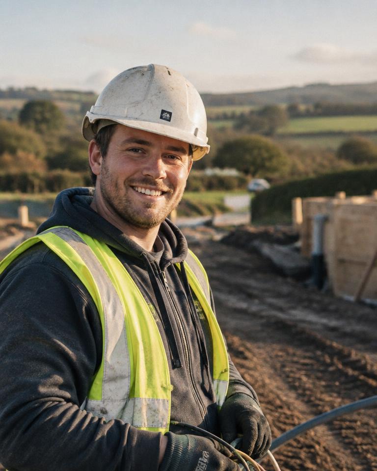 A tradesworker in a hard hat at an outdoor job site